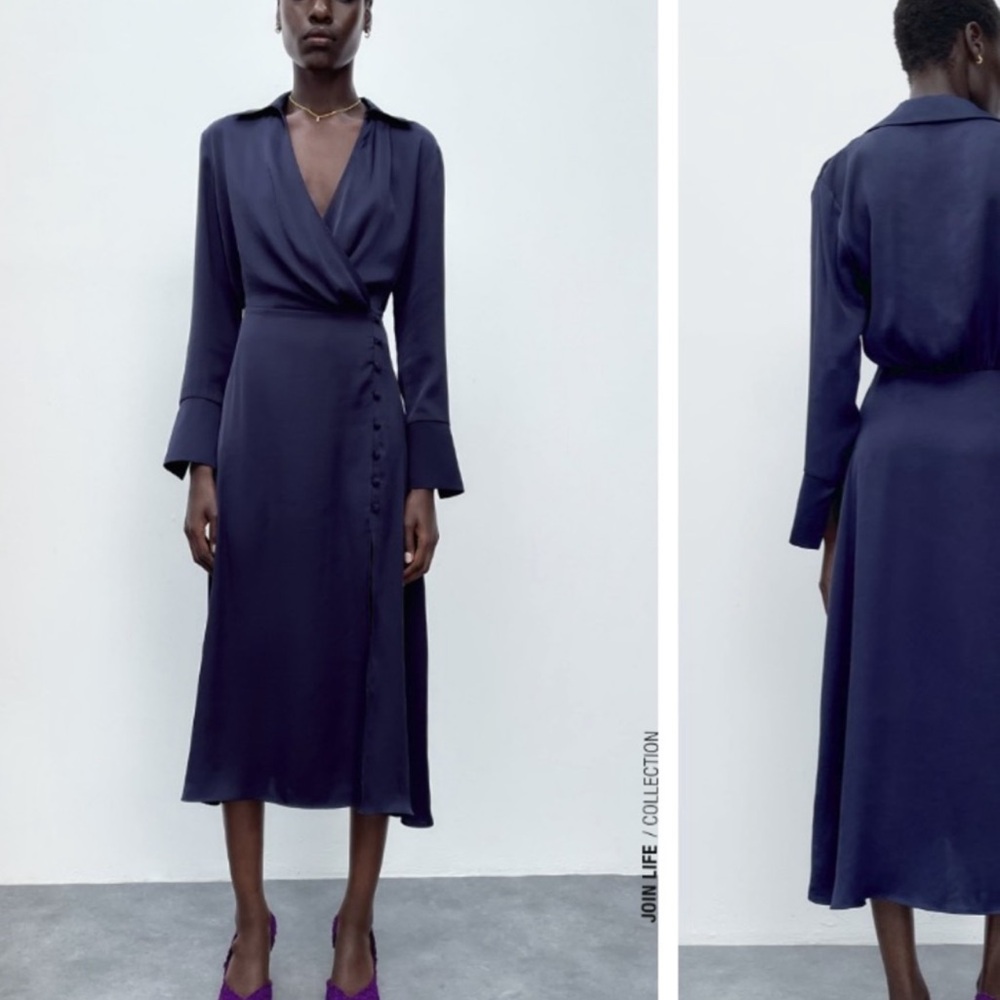 ZARA NAVY BLUE MIDI SATIN DRESS WITH BUTTONS